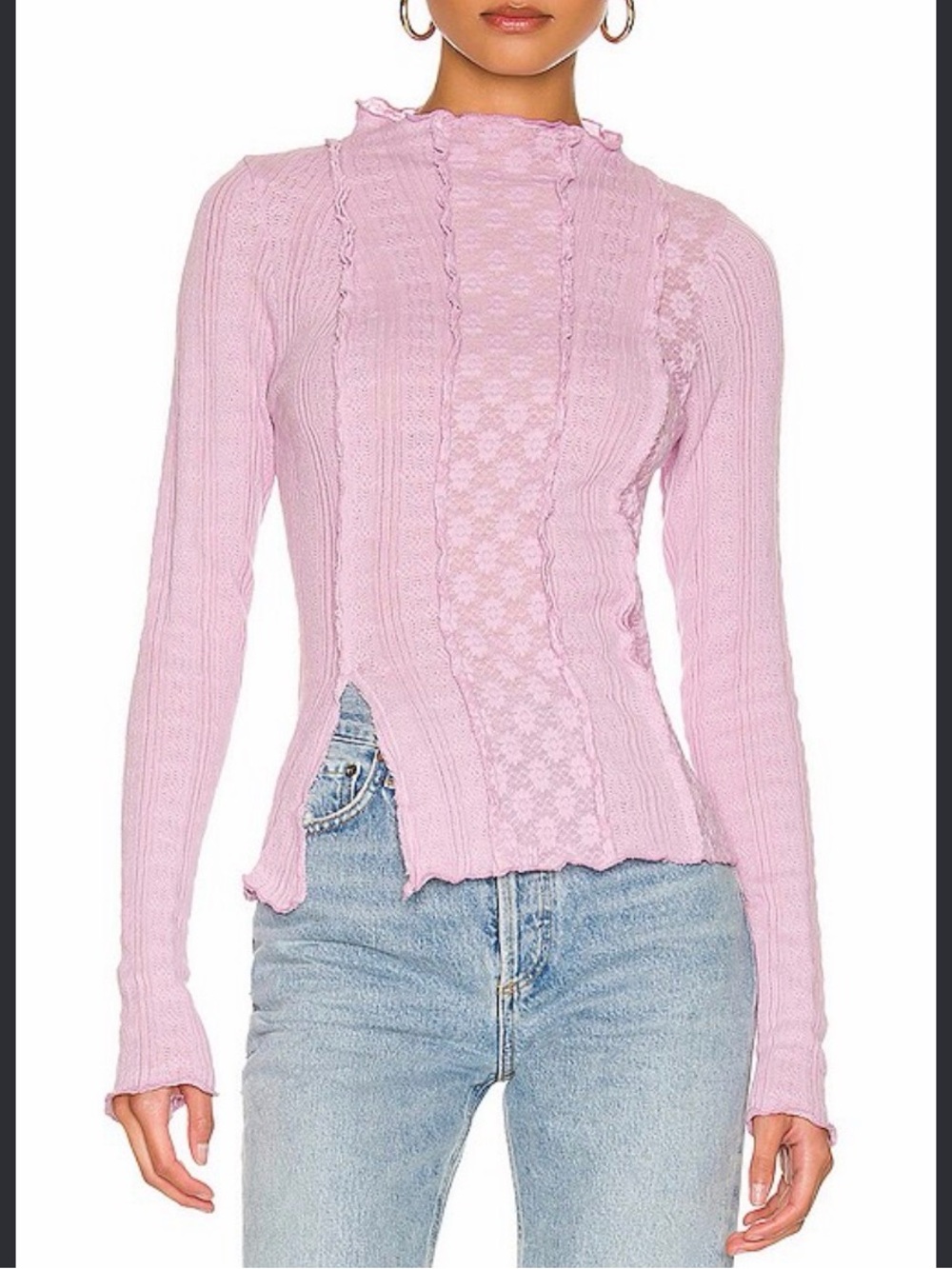 Free People Light Pink Ruffled Cable Knit Mock Turtleneck Sweater